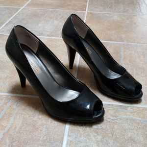 Moda Spana 3 inch shiny black peep toe heels